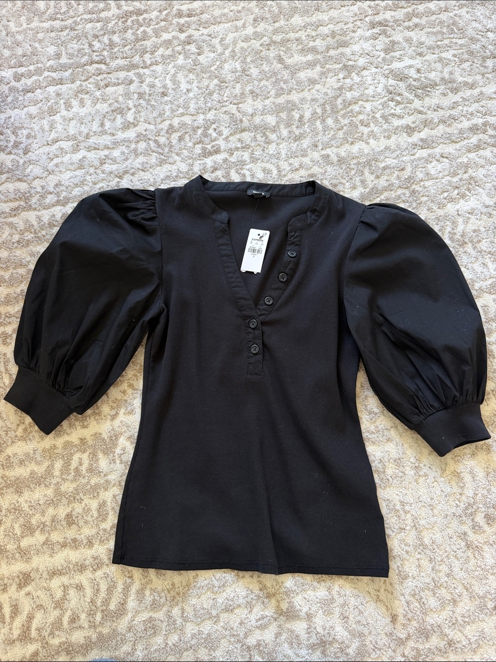 Express Black Puff Sleeve Henley Top - Women